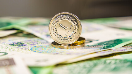 Close up polish zloty banknotes and coins