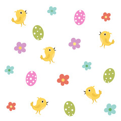Fototapeta premium Seamless pattern with easter eggs, chickens and flowers. Easter vector illustration for design.