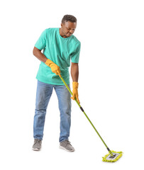 African-American man with mop on white background
