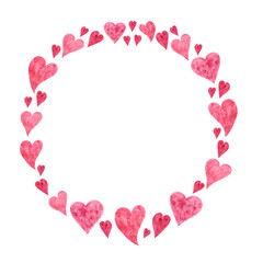 Pink watercolor romantic frame with hearts and floral pattern on a white background. Cute Valentines Day wreath for your design. Wedding round shape template. Galentines clipart.