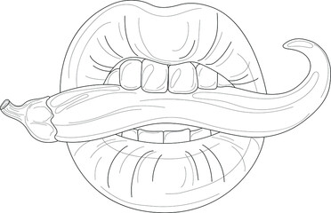 Realistic lips and hot pepper sketch template. Cartoon vector illustration in black and white for games, background, pattern, wallpaper, decor. Coloring paper, page, story book. Print for fabrics