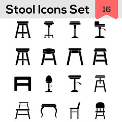 Set Of Stool And Chair Icon In Glyph Style.