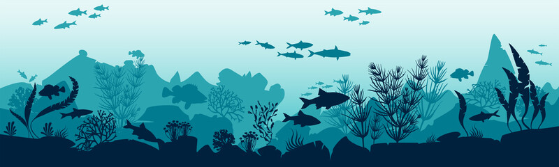 Fototapeta na wymiar Illustration of the underwater world. Reefs and fish in the ocean.