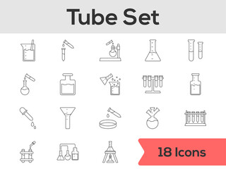 Black Line Art Lab Tube Icon Set On White Background.