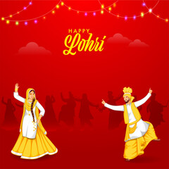 Fototapeta na wymiar Illustration Of Punjabi People Doing Bhangra Dance On Red Background For Happy Lohri Celebration Concept.