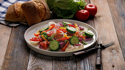 Food banner. Delicious and healthy food. Salad with smoked trout, grapefruit, fresh cucumber, purple Chinese cabbage sweet peppers. Mediterranean diet recipes.