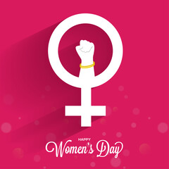 White Venus Sign With Female Hand Fist Up On Pink Background For Happy Women's Day Celebration.