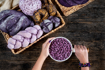 Homemade purple carrot and beet bread on the table