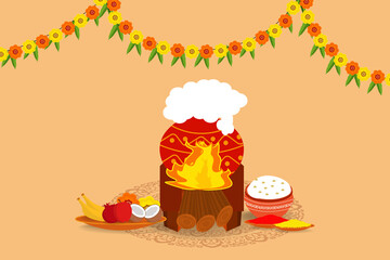 illustration of happy makar sankranti holiday harvest festival of andhra pradesh telangana greeting abstract background with pongal pot with fire vector. 