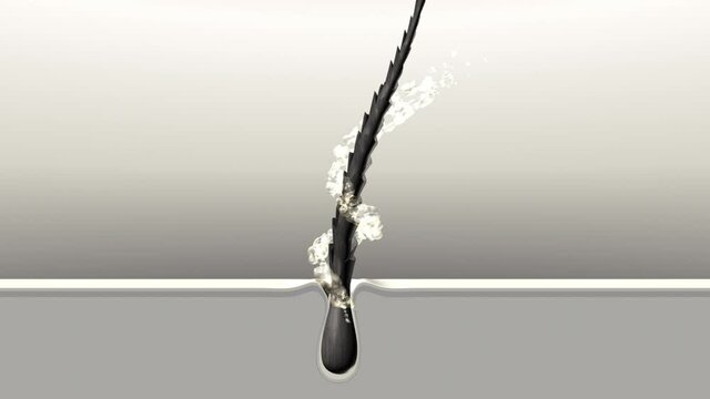 Hair treatment technology. Restore of the damaged hair with split ends. Nourishment and strengthening from roots to tips. Oil drops splash motion around the hair follicle. 3d animation. 