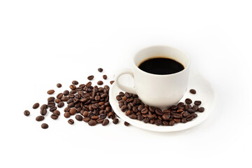 Coffee cup and coffee beans isolated on white background