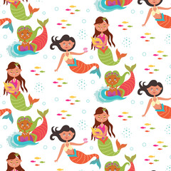 Marine baby pattern mermaid fish underwater world. Marine and ocean seamless pattern for kids.Vector flat modern graphics