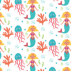 Naklejka na ściany i meble Marine baby pattern mermaid jellyfish corals. Marine and ocean seamless pattern for kids.Vector flat modern graphics