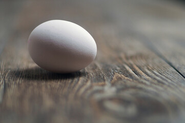 White egg on the wooden table, selective focus