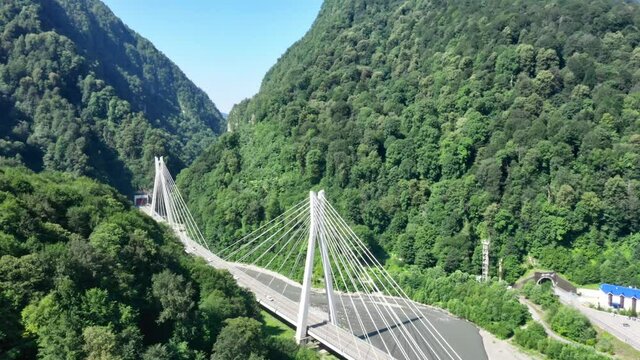 Aerial view of cable stayed bridge and a new highway from Sochi to Krasnaya Polyana, Russia.