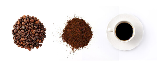 Coffee bean, ground coffee and a cup of hot coffee on white background. Top view.     