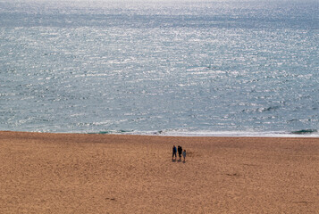 Family in the distance walking on the lonely beach with the blue water behind