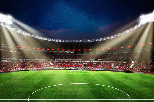 Lights at night and football stadium 3d rendering Green grass goal spot