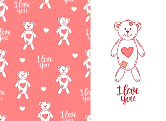 Lovesick toy bear pink seamless pattern. Cute background for valentine's day and wedding, print on fabric, web background, invitation, greeting card. Vector.