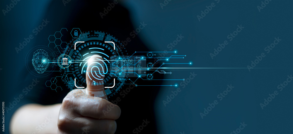 Poster Businessman using fingerprint indentification to access personal financial data. Idea for E-kyc (electronic know your customer), biometrics security, innovation technology against digital cyber crime