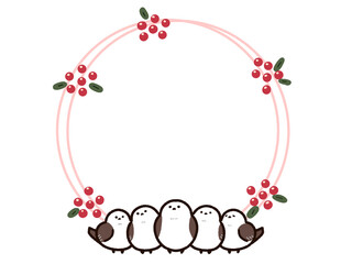 シマエナガと赤い実の丸フレーム