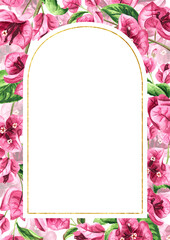 Bougainvillea with flowers and leaves card with copy space. Hand drawn watercolor illustration isolated on white background