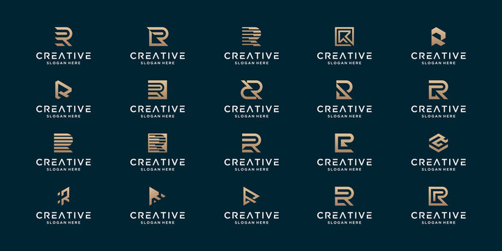 Mega collection golden logo letter R. Abstract business company corporate logo design.