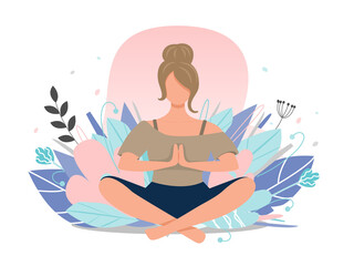Obraz premium Woman meditating in nature among flowers. Concept illustration for yoga, meditation, relaxation, healthy lifestyle. Pastel shades. Vector illustration, flat.