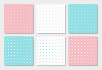 Vector Set of Doodle Little Stars Seamless Patterns. Pink, Blue and White Color
