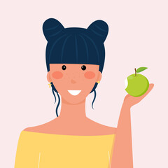 The girl is eating a green apple. Diet food, healthy lifestyle, vegetarian snack, raw food diet. Student snack. Vector illustration.