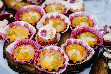 Sweet table. A plates of cakes and muffins. Table with sweets, buffet. Dessert table for a party goodies for the wedding. Candy bar. Decorated delicious.