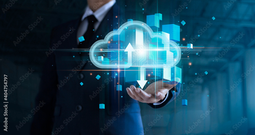 Poster Businessman hand holding cloud computing online connecting to big data analytics. Block chain network technology and intelligence data storage develop smart decision in global business solution.