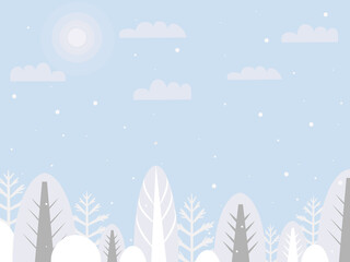 Fototapeta na wymiar Cute forest landscape. Cartoon style. Winter background for postcards, announcements, lettering. Vector illustration, flat.