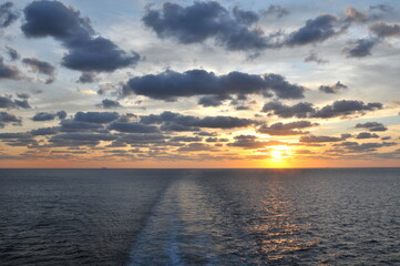 Sunset over the Atlantic ocean seen from a cruise ship
