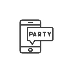 Phone party message line icon. linear style sign for mobile concept and web design. Smartphone with party message outline vector icon. Symbol, logo illustration. Vector graphics