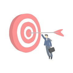 vector illustration businessman hanging on a bow at the middle of target. Business success concept.