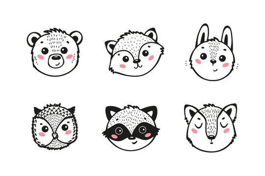 Cartoon Cute Animal Faces Vector Set. Hand Drawn Doodle Forest Animals: Bear, Fox, Hare, Owl, Raccoon and Wolf
