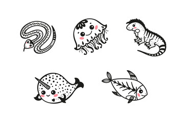 Cartoon Cute Animal Vector Set. Sea Creatures and Reptiles. Hand Drawn Doodle Animals: Snake Viper, Jellyfish, Iguana Lizard, Narwhal and X-ray Fish 