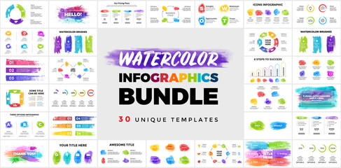 30 Watercolor Infographic presentation templates. Brush strokes banners. Perfect for any industry from business or marketing to drawing and education.