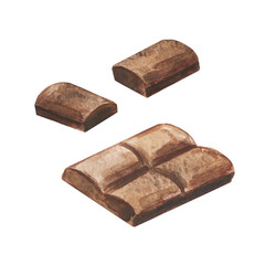 Watercolor dark chocolate. Milk chocolate for baking and drinks. Drawing up a menu of dishes for cafes and restaurants. Hand drawn tasty food illustration. Sweet food on a white background.