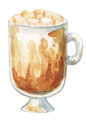 Watercolor drawing of a cup of coffee or tea. Image for the menu of restaurants and cafes. Coffee drink. A cup of black tea, a cup of coffee. Fragrant Americano, cappuccino.