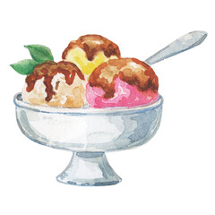 Watercolor drawing of delicious ice cream. Popsicles with syrup. Food for cafes and restaurants for the menu. Hand drawn tasty food illustration. Sweet food on a white background.