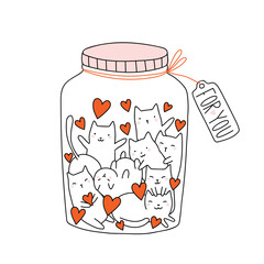 Valentine day. Vector hand drawn doodle jar with cats and hearts. Cute cats in glass bottle. Elixir of love. Romantic poster or banner.