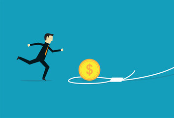 Businessman running to money pitfall