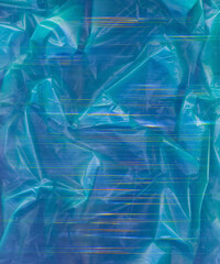 Blue abstract background. Wrinkled film texture. Creased plastic polyethylene bag with dust scratches colorful digital glitch noise artifacts effect.