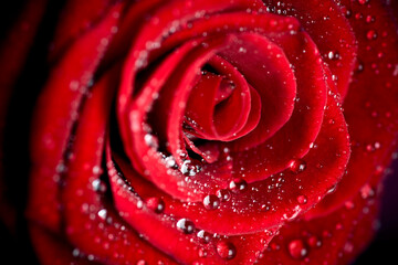 Close up of red rose with water drops.