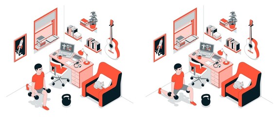 Home fitness lunge exercise. Workout in workplace room. Vector isometric illustration.