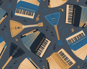 Seamless pattern with accordion, balalaika and sheet music. International Music Day. Vector musical instrument set. Doodle elements - obrazy, fototapety, plakaty