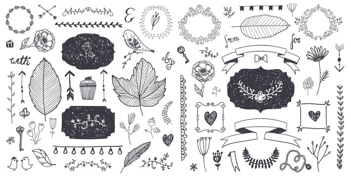 Vector set of floral decor, hand drawn doodle frames, dividers, borders, elements. Isolated.
