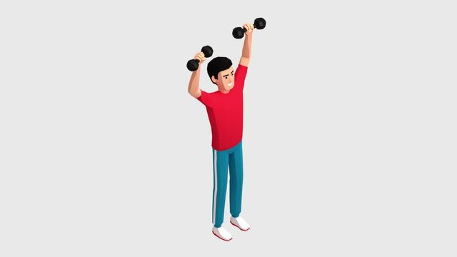 Dumbbell exercise - Shoulder Workout. Power training. 3d animation with alpha channel.